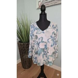 Three-Quarter Sleeve V-Neck Floral Print Knit Top – Dusty Blue